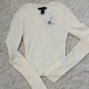 Forever 21 Ivory Ribbed Crewneck Long Sleeve Top
